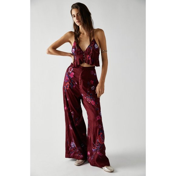 Free People Mimi Embroidered Set in Wine Red Size 6
